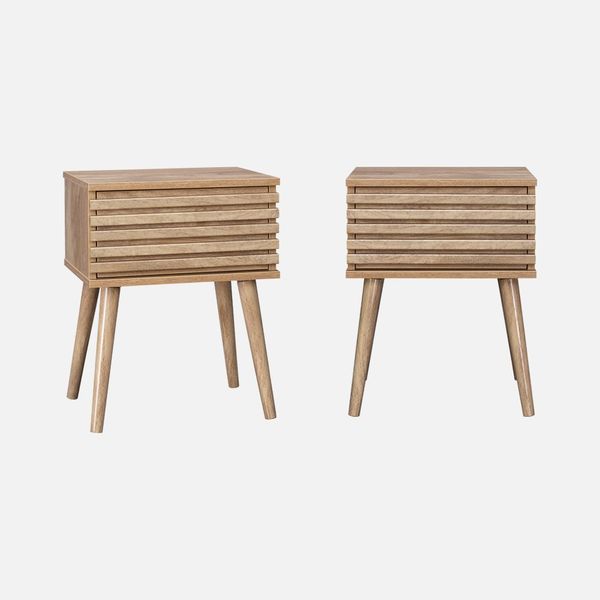 Set 2 Comodini Scandinavi Con Decoro In Legno Scanalato, Marrone Naturale-image