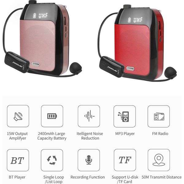 Amplificatore Portatile Per Altoparlanti Per Insegnanti Con Microfono Senza Fili, Auricolare In Vita, Ricaricabile, Altoparlante Personale Bt, Supporto Per La Registrazione Di Musica, Radio Fm, Per Riunioni In Classe, Formazione, Guide Turistiche, Promozioni, Canto-image