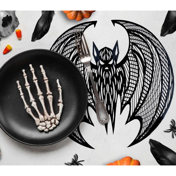 Tovaglietta Halloween Pipistrello Spaventoso Decorazione Scheletro Mano Avventuriero Festa Umore Arte Zucche Ragni Teschio Piume, Colore: Nero-image