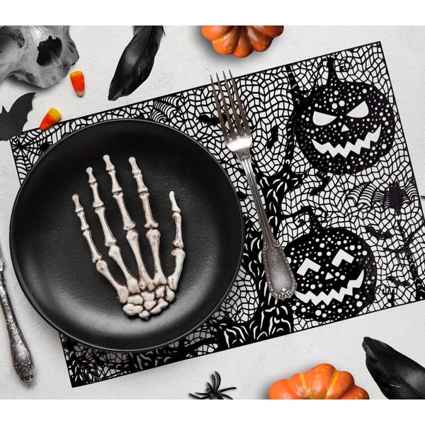 Tovaglietta Di Halloween Zucca Fantasmi Ragni Decorazione Spaventosa Tovaglia Motivi Spaventosi Per Le Feste Nero Bianco Notte Delle Streghe Decorazione Sala Da Pranzo, Colore: Nero-image
