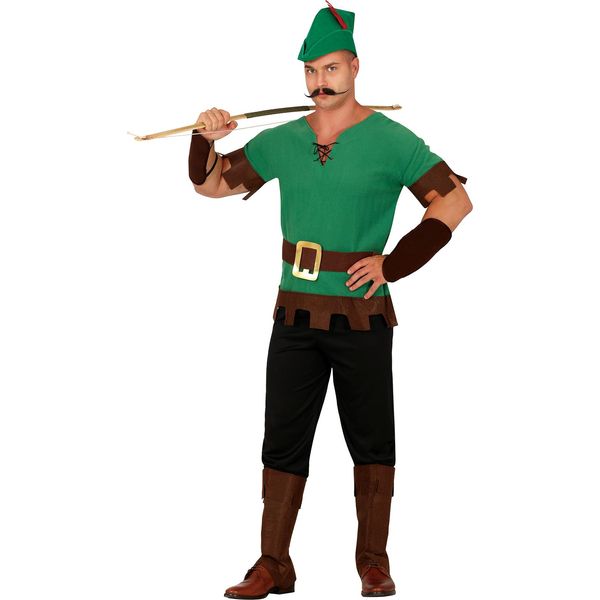 Costume Bandito Arciere Carnevale Eroico Fiabesco Figura Verde Marrone Avventura, Taglia: 54 - 56 (Xl) Colore: Verde-image