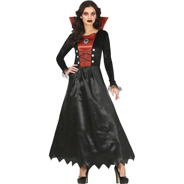 Vampiro Halloween Vestito Rosso Nero Lungo Spaventoso Abito Da Sera Costume Gotico Carnevale, Taglia: 38 - 40 (M) Colore: Nero-image