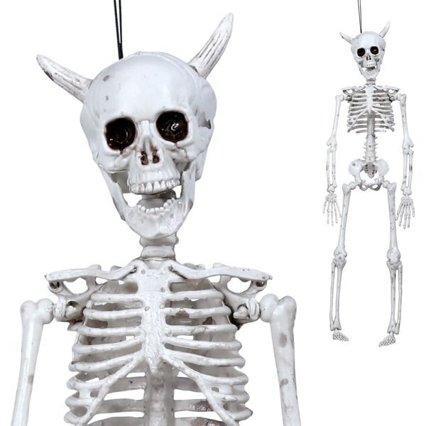 Scheletro Halloween Appeso Figura Decorazione Diavolo Teschio Corno Fantasma Partito Spettrale Atmosfera Inquietante Inquietante, Colore: Bianco-image