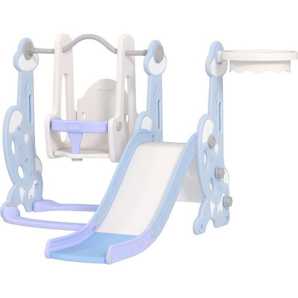 Fortuna Lai Scivolo 4 In 1 Scivolo Per Bambini Con Altalena, Canestro Da Basket, Struttura Per Arrampicata, Scivolo Per Bambini Piccoli Con Design A Forma Di Razzo Parco Giochi Per Bambini Per Interni Ed Esterni 1,5-4 Anni Bambini Azzurro-image