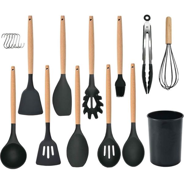 Set Di Utensili Da Cucina, 12 Pezzi, In Silicone, Resistente Al Calore, Antiaderente, Manico In Legno, Nero, Ideale Per Ogni Cucina.-image