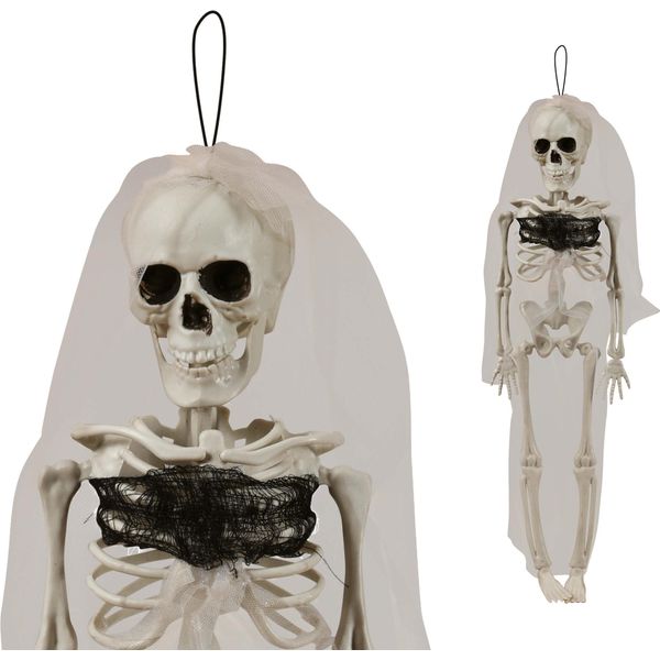 Scheletro Sposa Decorazione Di Halloween Fantasma Spaventoso Figura Appeso Con Velo, Colore: Bianco-image