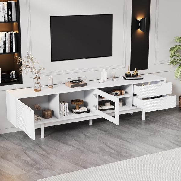 Sweiko 200X40X50,5 Cm Mobile Tv Moderno E Semplice, Lavagna Con 2 Ante E 2 Cassetti, Mobile Tv Con Ampio Spazio Di Archiviazione, Mobile Da Soggiorno Con Una Capacità Di Carico Totale Di 45 Kg, Adatto Per 80 Pollici, Bianco-image