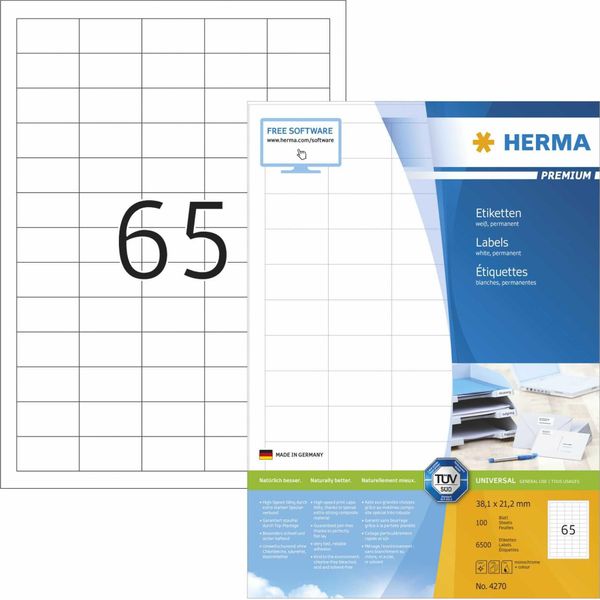 Herma Premium - Carta - Opaca - Autoadesiva Permanente - Bianco - 38,1 X 21,2 Mm 6500 Etichette (100 Fogli X 65) Etichette Laminate-image