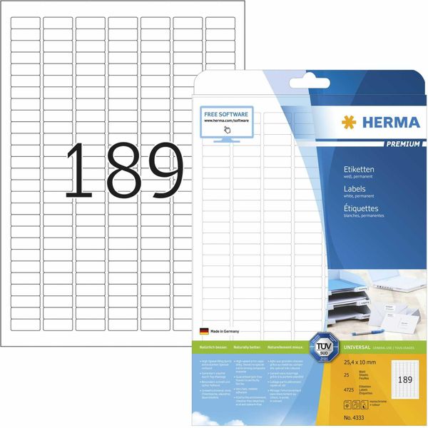 Herma Premium - Carta - Opaca - Autoadesiva Permanente - Bianco - 25,4 X 10 Mm 4725 Etichette (25 Fogli X 189) Etichette Laminate-image