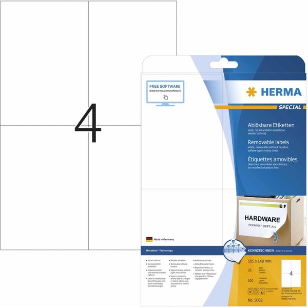 Herma Special - Carta - Opaca - Autoadesiva, Adesivo Rimovibile - Bianco - A6 (105 X 148 Mm) 100 Etichette (25 Fogli X 4) Etichette-image
