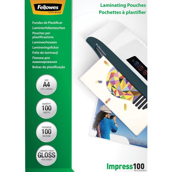 Fellowes Pouches Per Laminazione - 100 Micron - Confezione Da 100 - 216 X 303 Mm Pouches Per Laminazione-image