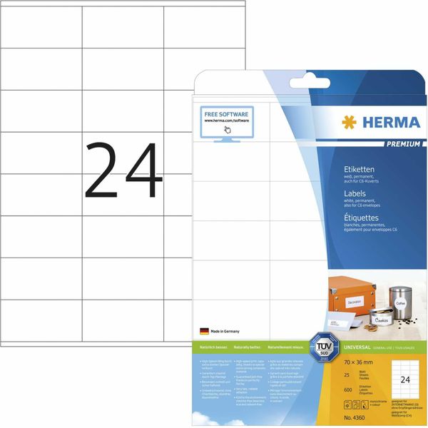 Herma 4360 Etichette Premium A4, Carta Bianca 70X36 Mm Opaca 600 Pz.-image