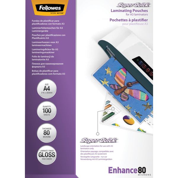 Fellowes Pouches Di Laminazione Superquick Enhance 80 Micron - 80 Micron - Confezione Da 100 - Lucido - Trasparente - A4 (210 X 297 Mm) Pouches Di Laminazione-image