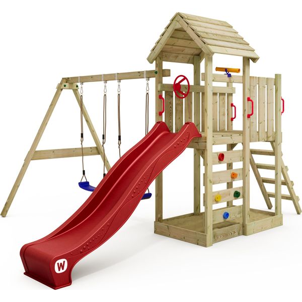 Wickey Torre Gioco Per Arrampicata Con Tetto In Legno Multiflyer Con Altalena E Scivolo, Torre Per Arrampicata Con Tetto In Legno, Sabbiera, Scala E Accessori Da Gioco - Rosso-image
