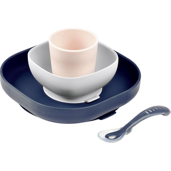 BÉAba, Set Pappa In Silicone, Con Ventosa, Antiscivolo, 4 Pezzi, Piatto + Ciotola + Bicchiere + Cucchiaio, Silicone Sano E Sostenibile, Lavabile In Lavastoviglie, Adatto Al Microonde, Blu Notte-image