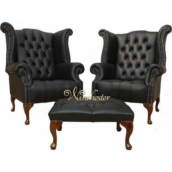 Poltrona Chesterfield 2X + Sgabello Set Di Divani In Pelle Divano Imbottito Divani-image