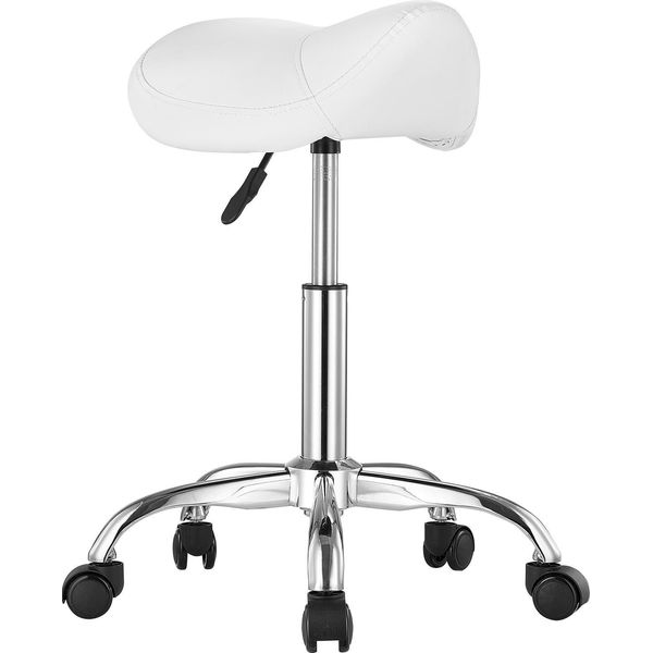 Succebuy Sgabello Con Ruote, Portata 204 Kg, Ergonomico E Regolabile, In Finto Cuoio Ispessita, Per Salone, Spa, Clinica, Bianco-image