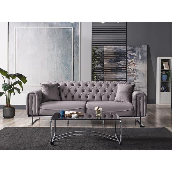 Divano Imbottito In Tessuto Grigio Chesterfield Design Divani Moderni 3 Posti Divano-image