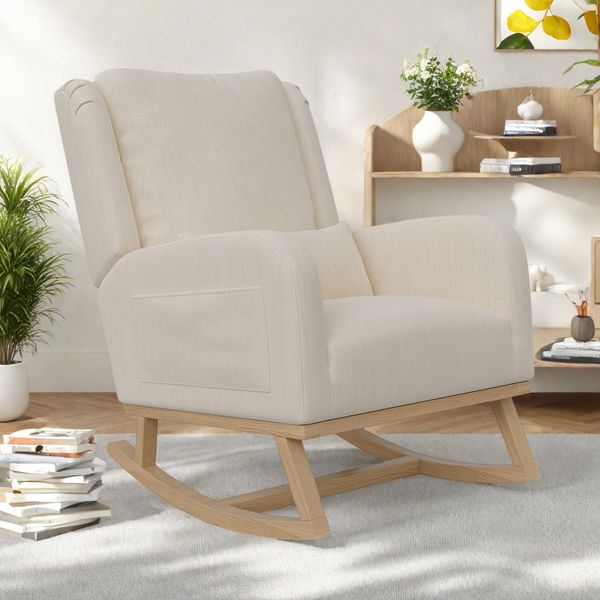 Sedia A Dondolo Fortuna Lai Con Struttura In Legno Massiccio, 2 Tasche Laterali, Poltrona Reclinabile Retrò, Bianco-image