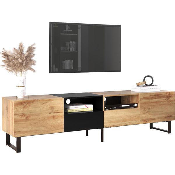 Fortuna Lai Mobile Tv Moderno In Nero E Legno, 190 X 38 X 48 Cm, 2 Ante, 2 Cassetti, Ripiani Aperti-image