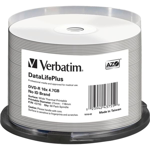 Verbatim 43755 1X50 Verbatim DVD-R 4,7GB 16X White Wide Thermal Print. NO-ID-image
