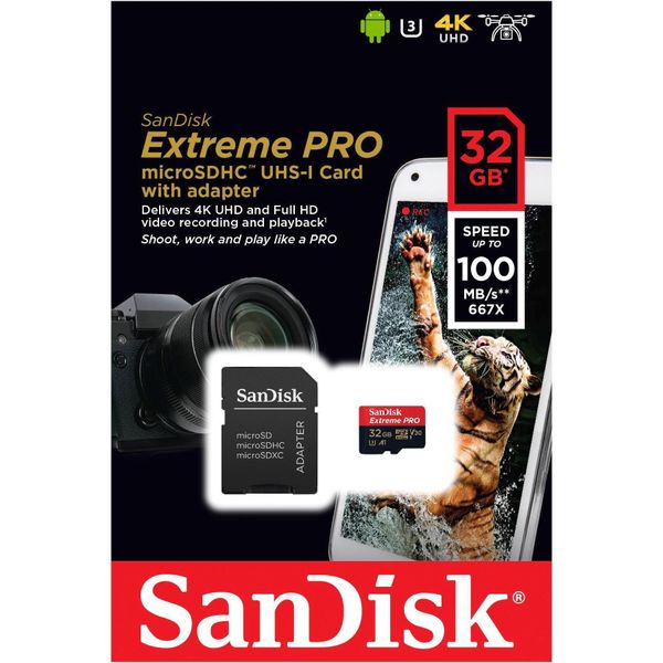 Sandisk Extreme Pro - Scheda Di Memoria Flash (Adattatore Da Microsdxc A Sd Incluso) - 32 Gb - A1 / Classe Video V30 / UHS-I U3 - 667X - Microsdhc UHS-I-image