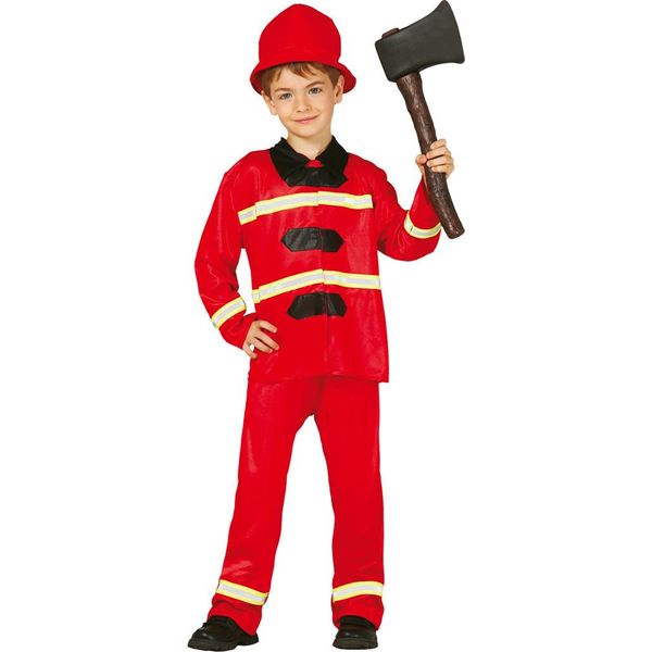 Pompiere Eroe Costume Carnevale Bambini Divertimento Casco Gilet Uniforme Salvataggio Avventura, Taglia: 110/116 Colore: Rosso-image
