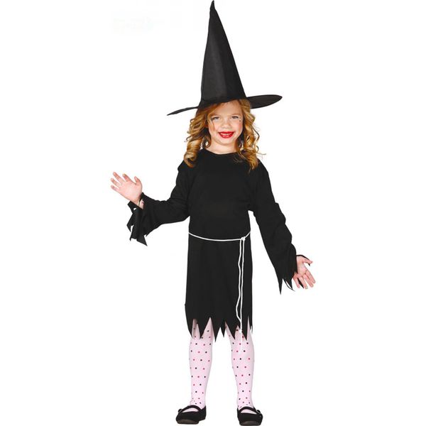 Costume Da Strega Halloween Per Bambini Incantevole Veste Nera Con Cappello In Pizzo E Cintura Mistica, Taglia: 110/116 Colore: Nero-image