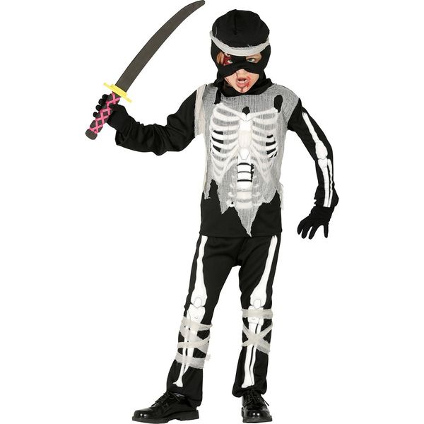 Scheletro Ninja Costume Halloween Bambini Nero Bianco Pantaloni Con Cappuccio, Taglia: 110/116 Colore: Bianco-image