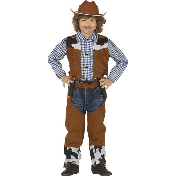Cowboy Adventure Outfit Gilet Jeans Pattern Adventure Hat Carnival Costume Cool Casual Look Western Knife Wild Vest Toy Gun Cowboy, Taglia: 110/116 Colore: Brown-image