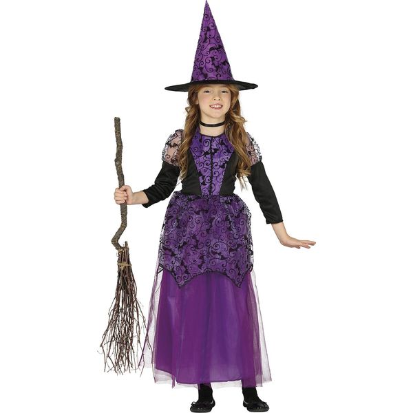 Strega Viola Magica Costume Halloween Bambini Fiaba Travestimento Cappello Abito Avventura Mondo Magico, Taglia: 98/104 Colore: Viola-image