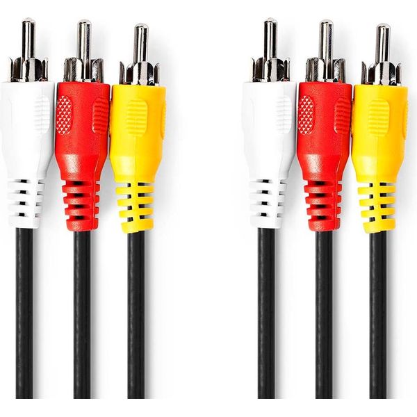 Cavo Video Composito | 3X Rca Maschio | 3X Rca Maschio | Nichelato | 480P | 5,00 M | Rotondo | Pvc | Nero | Sacchetto Di Plastica-image