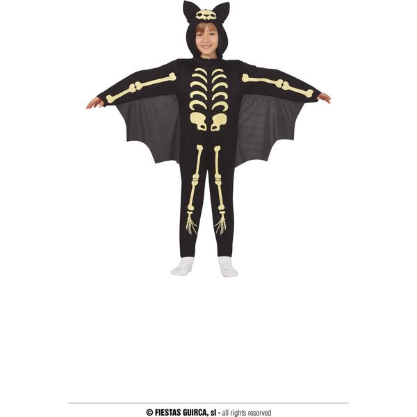 Halloween Scheletro Pipistrello Costume Bambini Cappuccio Ali Unisex Avventura Notte Divertimento Completo, Taglia: 128/134 Colore: Nero-image