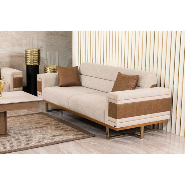 Divano A 3 Posti In Stile Divano Beige Soggiorno Design Moderno Rivestimento In Tessuto-image