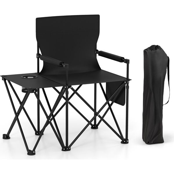 Set Di 2 Sedie Da Campeggio Costway, Sedie Pieghevoli Con Tavolino, Portabicchieri, Tasca Laterale E Braccioli, Sedie Da Pesca Pieghevoli Fino A 150 Kg, Sedia Pieghevole Nera-image