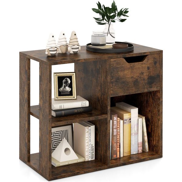 Libreria In Legno Costway, Scaffale A Cubo Con Cassetto E 3 Scomparti, Divisorio Per Ufficio, Scaffale In Piedi Per Soggiorno Camera Da Letto Ufficio 60X30X53 Cm Marrone-image