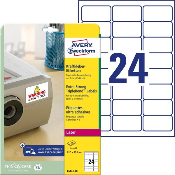 Avery Zweckform Kraftkleber-Etiketten, 63,5 X 33,9 Mm, Weiá-image