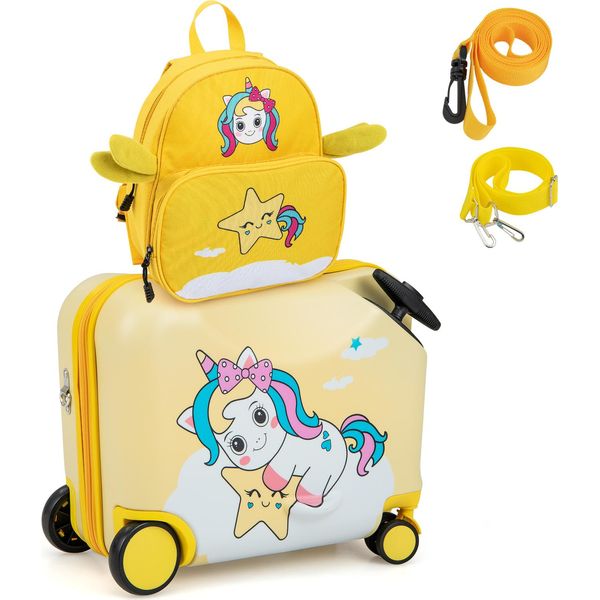Costway 2 Pezzi Valigia Per Bambini + Zaino, Trolley Per Bambini Da 12"+18"" Con Ruote E Guscio Rigido Impermeabile (Unicorno Giallo)"-image