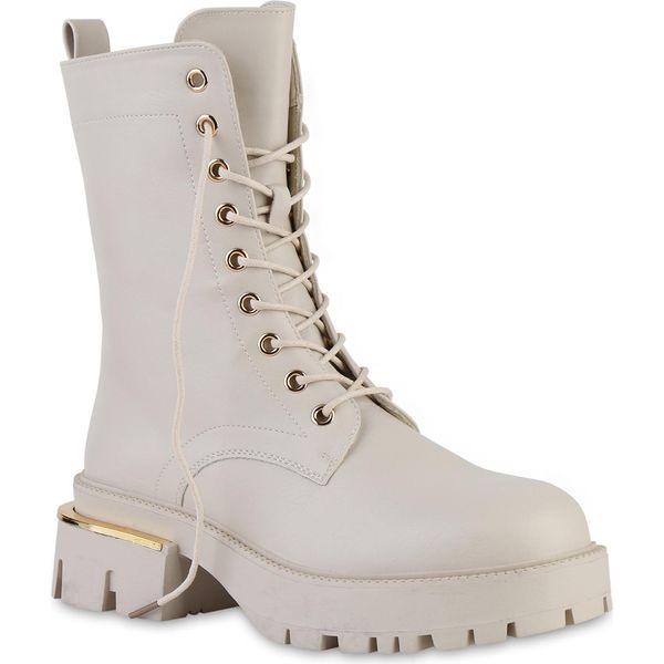 Van Hill Donna Stivali Con Plateau Stivaletti Suola Profilata Scarpe Stringate 841361, Colore: Beige, Taglia: 40-image