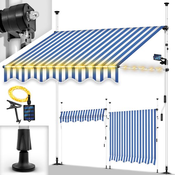 Tillvex Tenda A Morsetto 350 Cm Blu/Bianco Con Led Solare Con Manovella Balcone | Tenda Da Balcone Senza Foratura | Tenda Resistente Ai Raggi Uv E Regolabile In Altezza | Protezione Solare Impermeabile-image