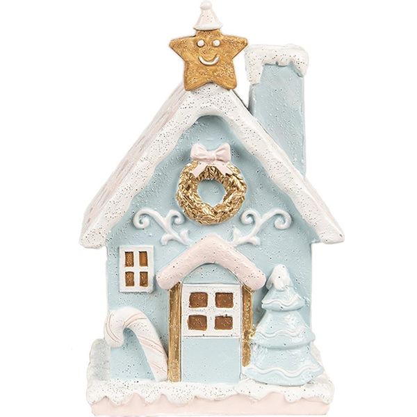Clayre & Eef Casa Di Pan Di Zenzero Con Led 9X8X15 Cm Poliresina Blu-image