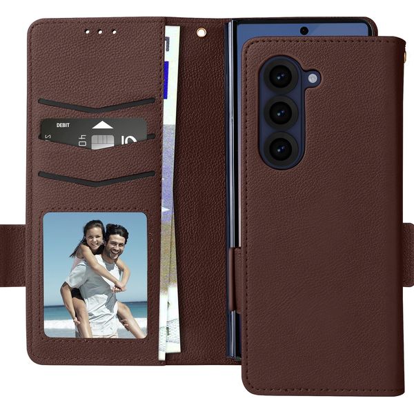 Avizar, Custodia In Ecopelle Per Samsung Galaxy Z Fold6 Con Cinturino Da Polso, Marrone Scuro-image