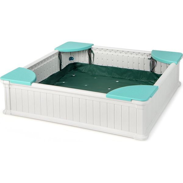 Costway Sabbiera Per Bambini, Sabbiera 123,5X123,5X31,5Cm Con 4 Sedili Integrati, Sabbiera Hdpe Quadrata Per Giardino, Prato (Bianco)-image