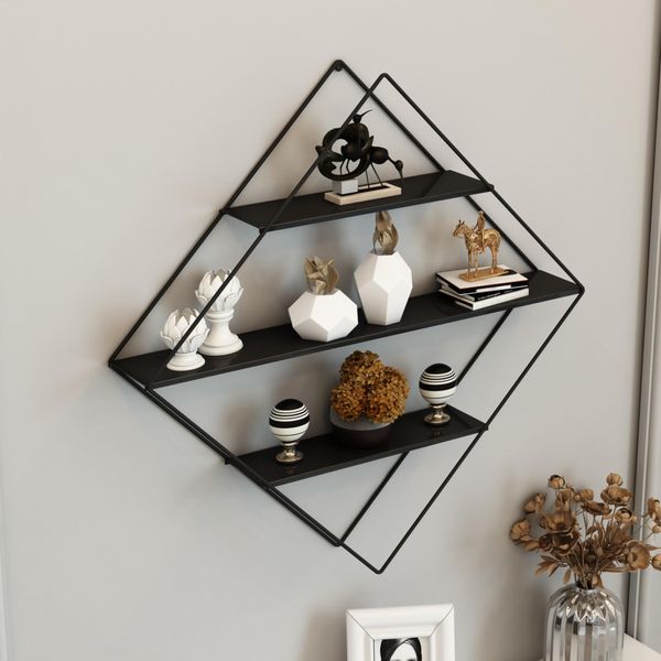 Scaffale A Muro 'PolvijäRvi' Con 3 Ripiani 50 X 9 X 66 Cm A Forma Di Diamante Nero-image