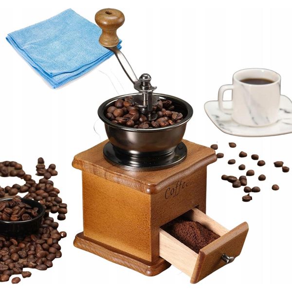Macinino Manuale In Legno Retrò Per Caffè, Pepe Econ Panno In Microfibra In Omaggio-image
