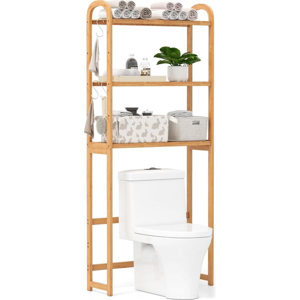 Costway Scaffale Per Wc In Bambù A 3 Livelli, Scaffale Per Bagno Con 3 Ganci, Mobile Indipendente Da Banco, Scaffale Per Lavatrice 71,5 X 25 X 166 Cm-image