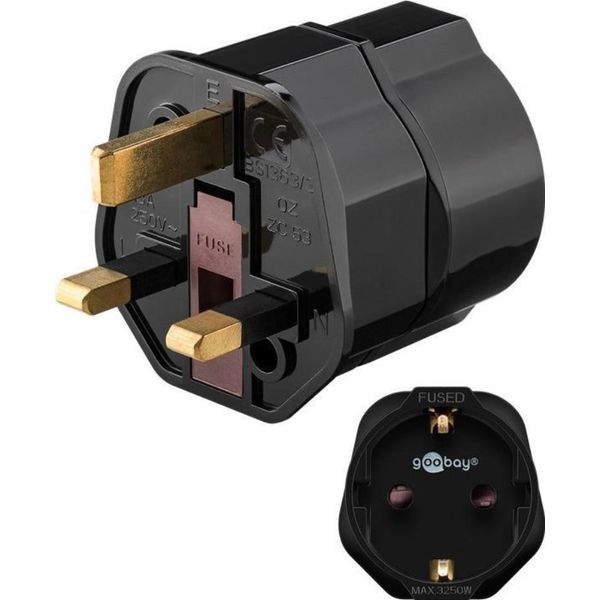 Goobay 45352 Adattatore Di Rete, Nero - Presa Con Contatto Di Terra (Tipo F, Cee 7/4) > Spina Uk A 3 Poli (Tipo G, Bs 1363)-image
