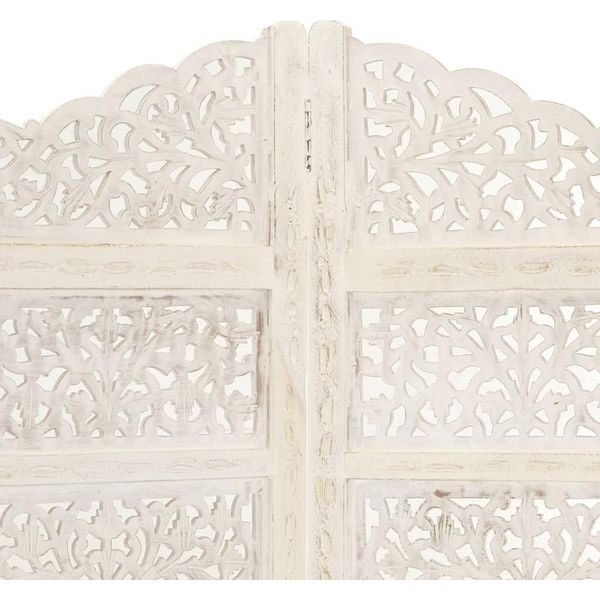 Divisorio 4 Pezzi Intagliato A Mano In Legno Massello Di Mango Bianco 160×165Cm-image