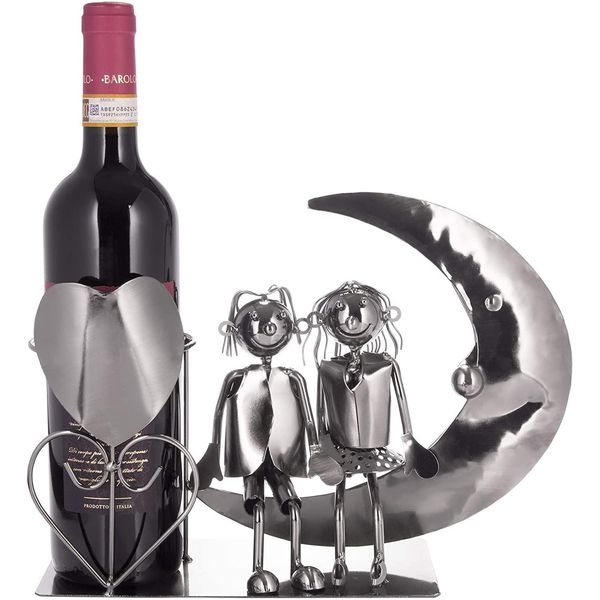 Brubaker Portabottiglie Da Vino Amanti Sulla Luna - Coppia Scultura In Metallo - Portabottiglie - Con Biglietto D'auguri Per Vino Regalo-image