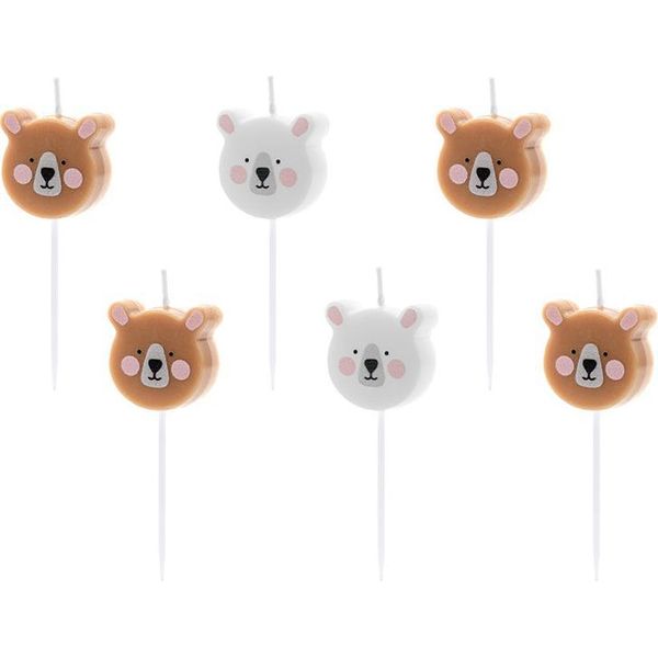 Orso Compleanno Candele Decorazione Torta 6 Pezzi Marrone-Bianco 3 Cm - Taglia Unica-image